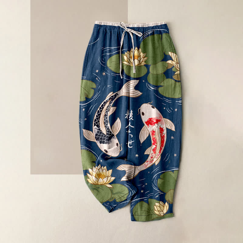 Buddha Stones Pantalon pour femme en pur coton, motif koi et lotus japonais, taille élastique et poches - Marine - US16，UK/AU20，EU48 (3XL) - image 0