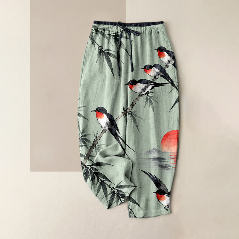 Buddha Stones Pantalon pour femme en pur coton avec motif d'oiseaux orientaux et bambou, taille élastique et poches - Bleu vert - US16，UK/AU20，EU48 (3XL) - image 0
