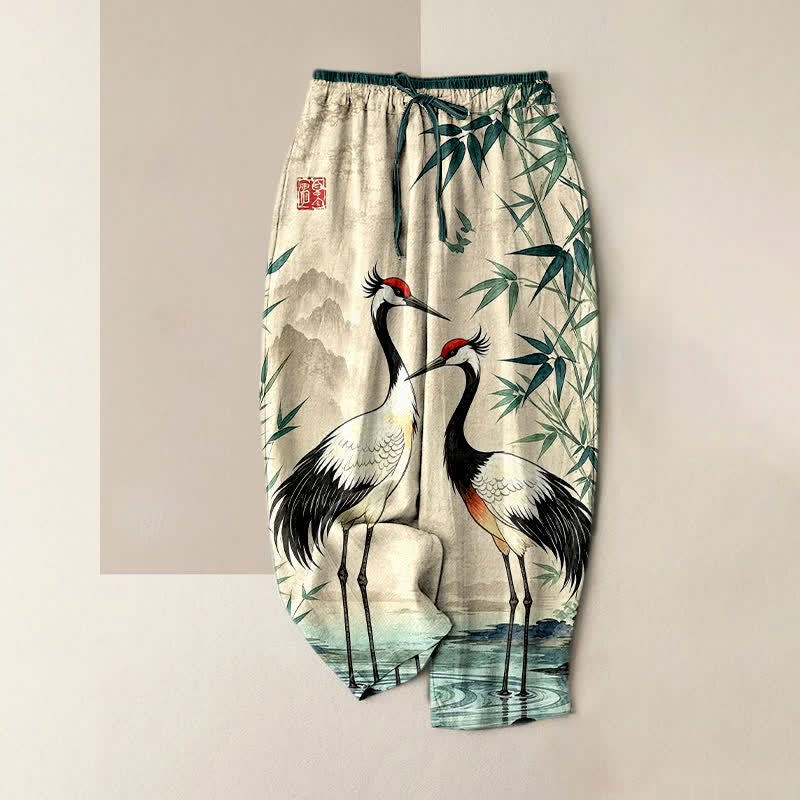 Buddha Stones Pantalon pour femme en pur coton avec taille élastique et poches, motif grue orientale et bambou - Beige - US16，UK/AU20，EU48 (3XL) - image 0