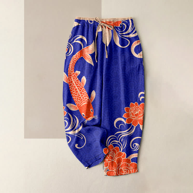 Buddha Stones Pantalon pour femme en pur coton à motif de vagues de carpes koï artistiques et à taille élastique avec poches - Bleu moyen - US16，UK/AU20，EU48 (3XL) - image 0