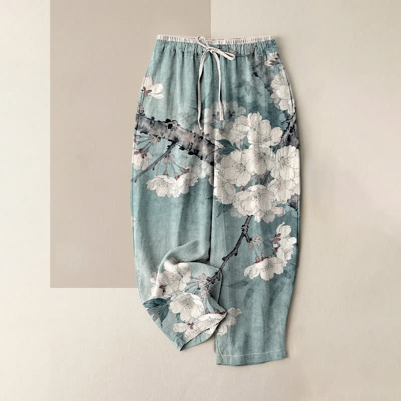 Buddha Stones Pantalon pour femme en pur coton, élégant motif floral, taille élastique et poches - Bleu poudré - US16，UK/AU20，EU48 (3XL) - image 0