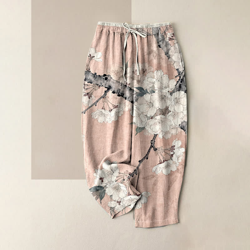 Buddha Stones Pantalon pour femme en pur coton, élégant motif floral, taille élastique et poches - Rose - US16，UK/AU20，EU48 (3XL) - image 3