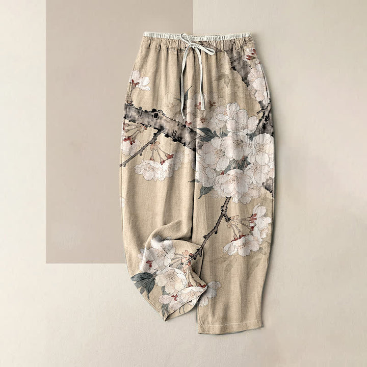 Buddha Stones Pantalon pour femme en pur coton, élégant motif floral, taille élastique et poches - Beige - US16，UK/AU20，EU48 (3XL) - image 4