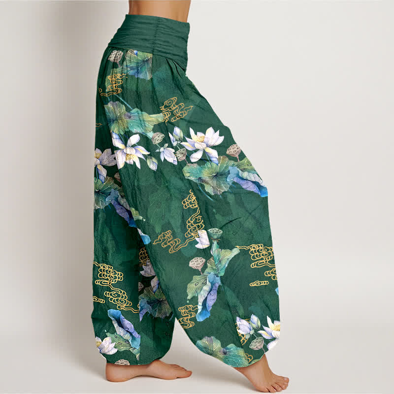 Buddha Stones Pantalon harem à taille élastique pour femme, en coton blanc à motif de feuilles de lotus - image 1