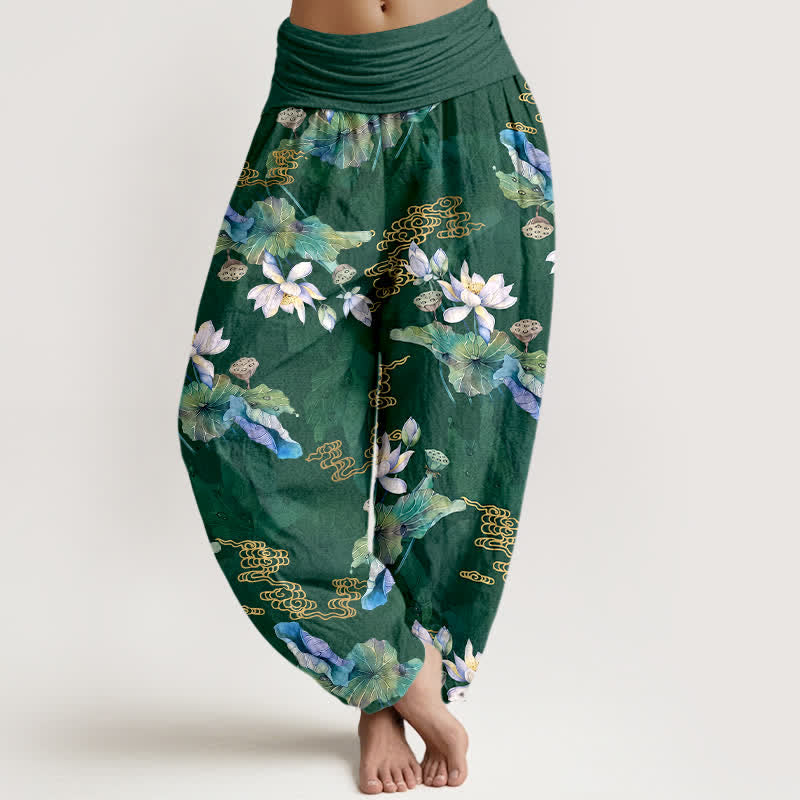 Buddha Stones Pantalon harem à taille élastique pour femme, en coton blanc à motif de feuilles de lotus - Vert forêt - US16，UK/AU20，EU48 (3XL) - image 0