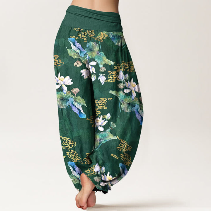 Buddha Stones Pantalon harem à taille élastique pour femme, en coton blanc à motif de feuilles de lotus - image 2