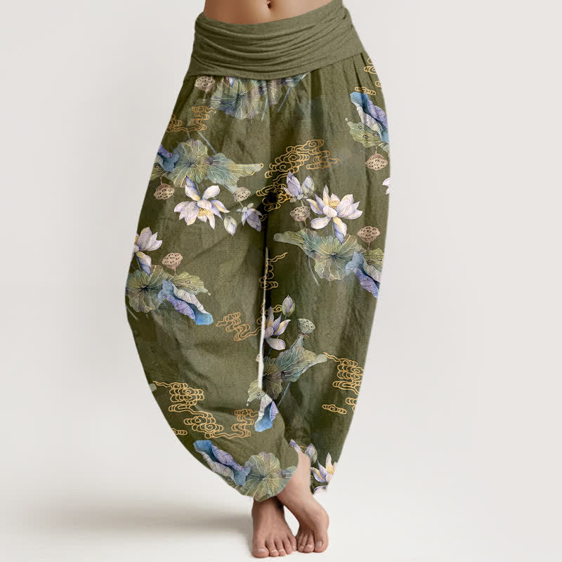 Buddha Stones Pantalon harem à taille élastique pour femme, en coton blanc à motif de feuilles de lotus - Olive - US16，UK/AU20，EU48 (3XL) - image 5