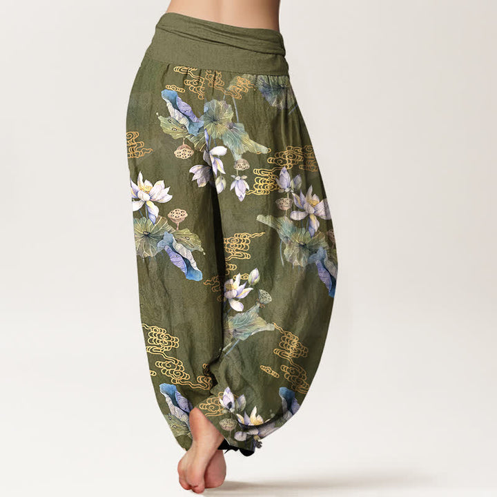 Buddha Stones Pantalon harem à taille élastique pour femme, en coton blanc à motif de feuilles de lotus - image 7