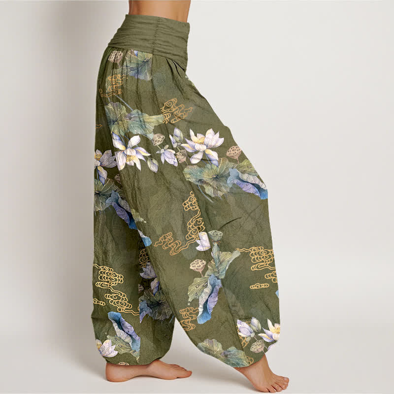 Buddha Stones Pantalon harem à taille élastique pour femme, en coton blanc à motif de feuilles de lotus - image 6