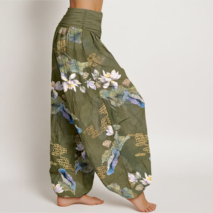 Buddha Stones Pantalon harem à taille élastique pour femme, en coton blanc à motif de feuilles de lotus - image 6