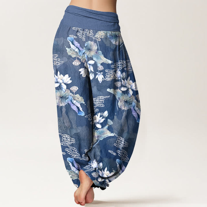 Buddha Stones Pantalon harem à taille élastique pour femme, en coton blanc à motif de feuilles de lotus - image 10
