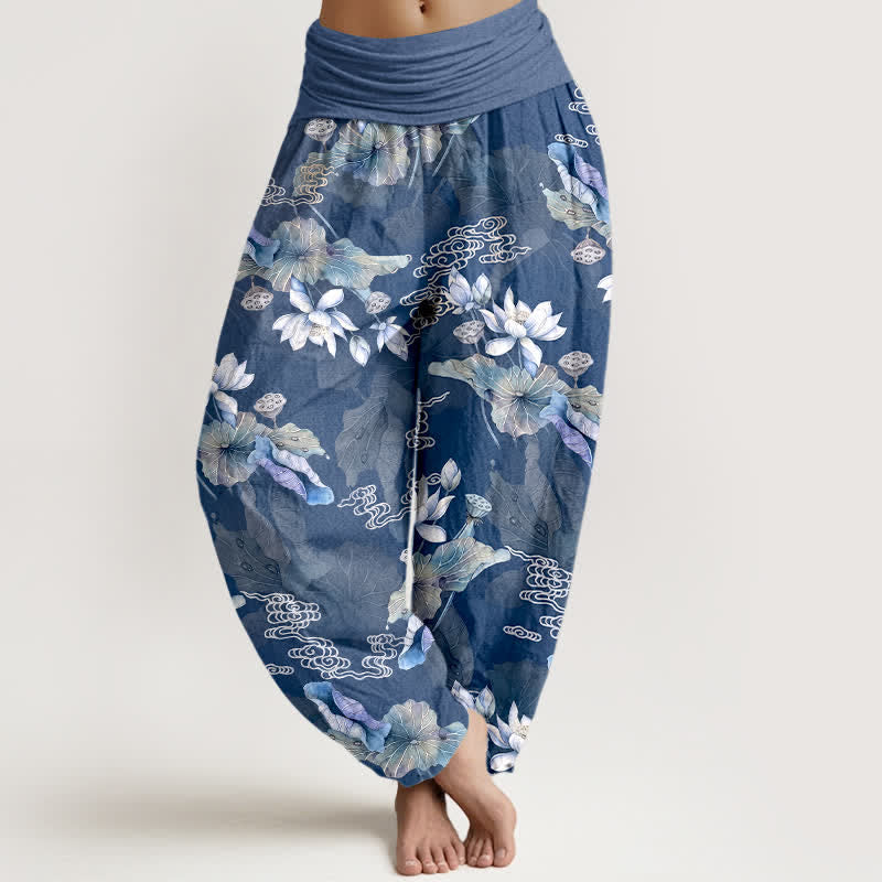 Buddha Stones Pantalon harem à taille élastique pour femme, en coton blanc à motif de feuilles de lotus - SteelBlue - US16，UK/AU20，EU48 (3XL) - image 8