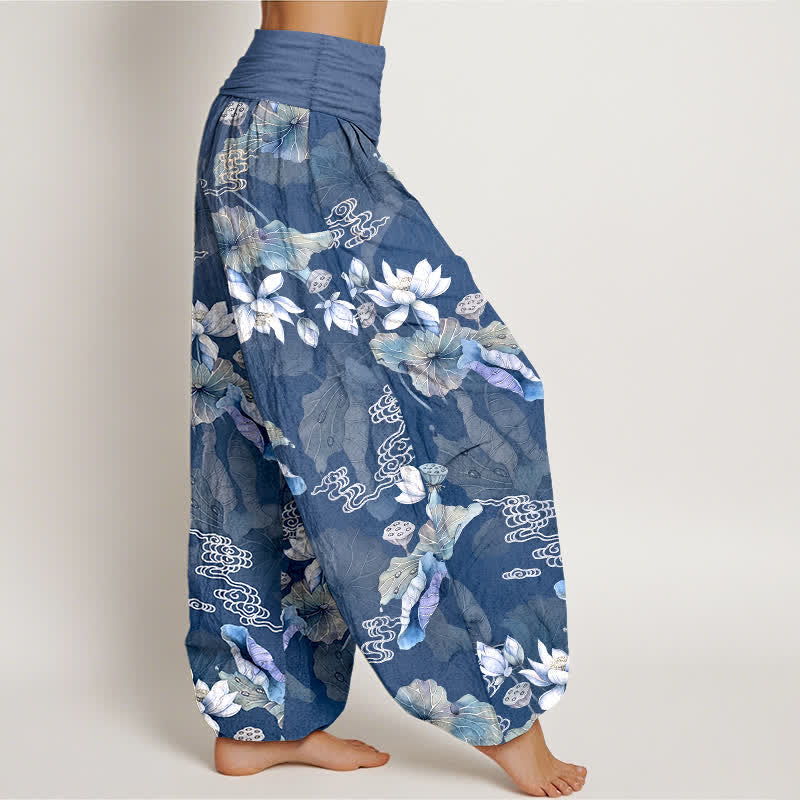 Buddha Stones Pantalon harem à taille élastique pour femme, en coton blanc à motif de feuilles de lotus - image 9