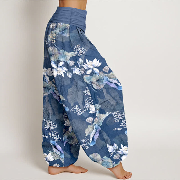 Buddha Stones Pantalon harem à taille élastique pour femme, en coton blanc à motif de feuilles de lotus - image 9
