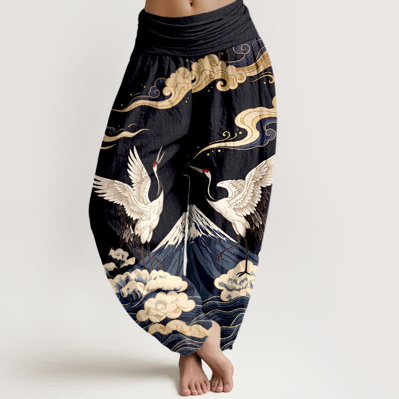 Buddha Stones Pantalon harem à taille élastique pour femme, motif grues, montagnes et nuages, en coton - Noir - US16，UK/AU20，EU48 (3XL) - image 0