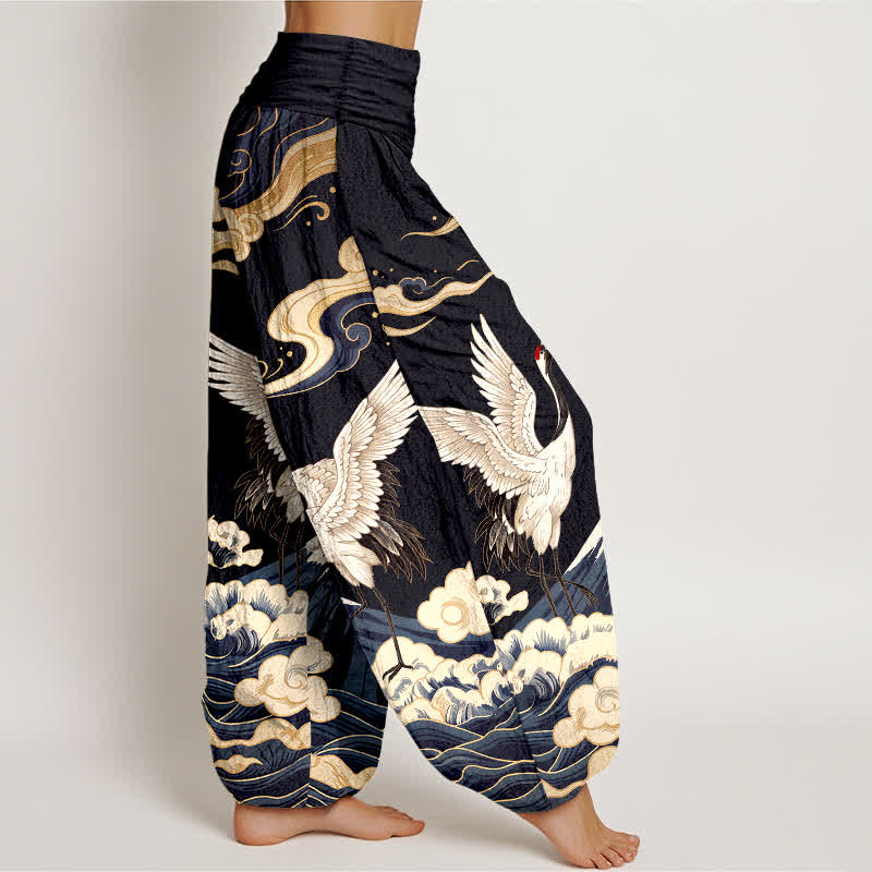 Buddha Stones Pantalon harem à taille élastique pour femme, motif grues, montagnes et nuages, en coton - image 1