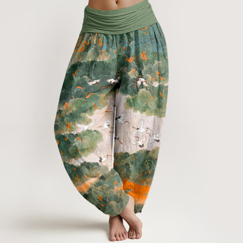 Buddha Stones Pantalon harem à taille élastique pour femme, motif grues et nuages ​​en coton - Vert clair - US16，UK/AU20，EU48 (3XL) - image 0