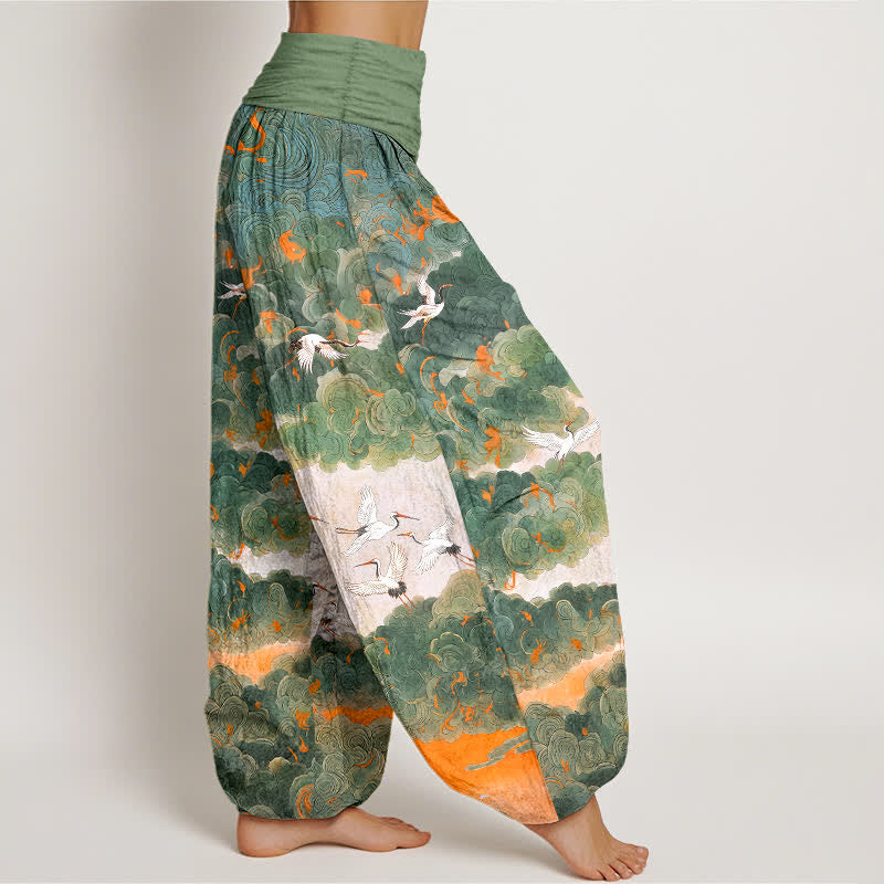 Buddha Stones Pantalon harem à taille élastique pour femme, motif grues et nuages ​​en coton - image 1
