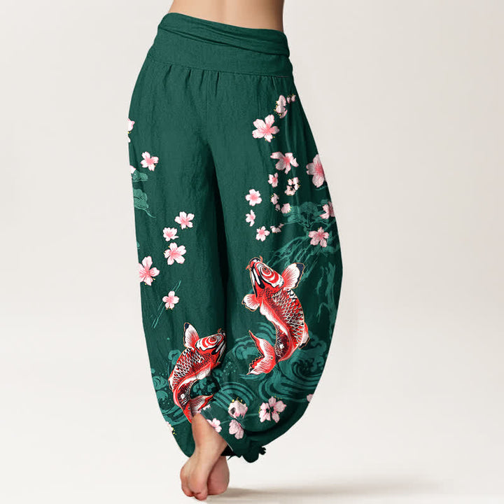 Buddha Stones Pantalon harem à taille élastique pour femme, motif carpe koï et sakura en coton - image 2