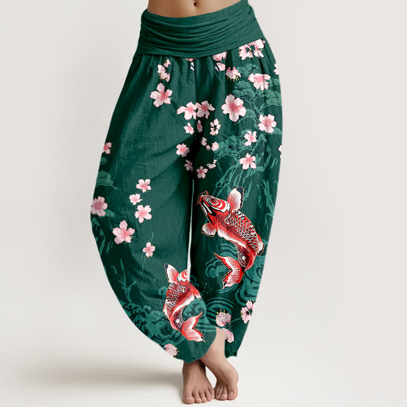 Buddha Stones Pantalon harem à taille élastique pour femme, motif carpe koï et sakura en coton - Vert foncé - US16，UK/AU20，EU48 (3XL) - image 0