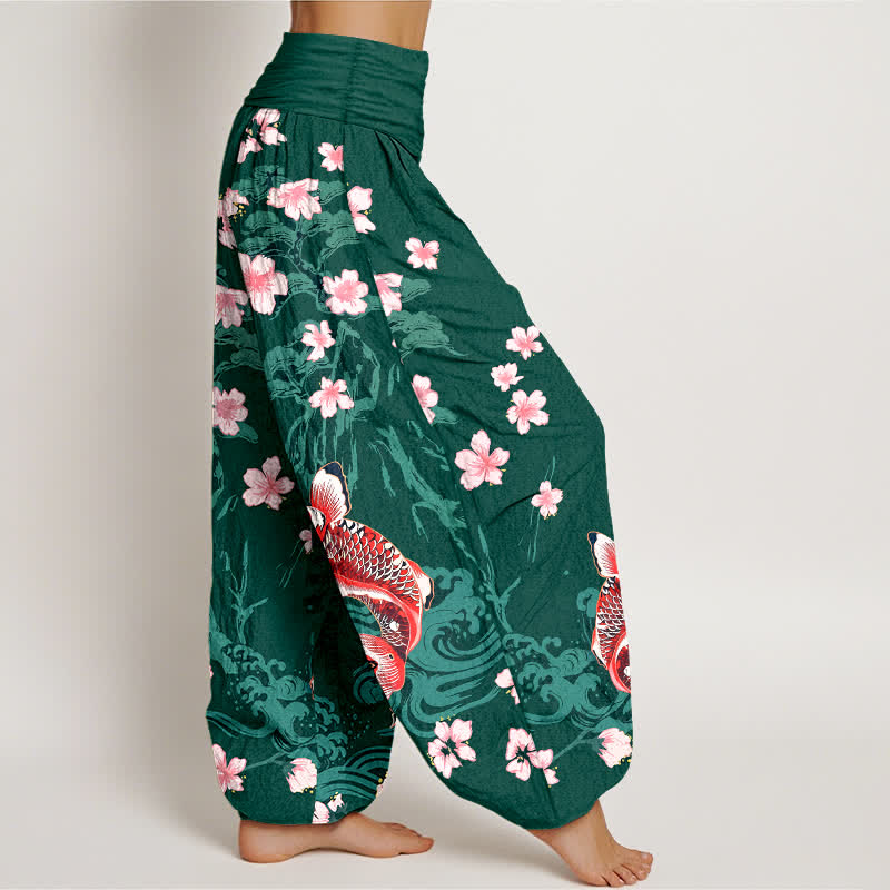 Buddha Stones Pantalon harem à taille élastique pour femme, motif carpe koï et sakura en coton - image 1