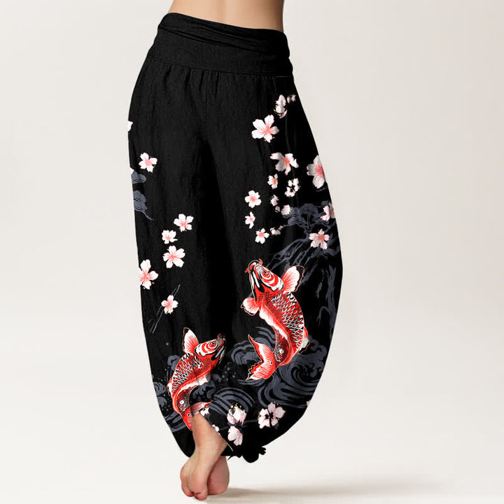 Buddha Stones Pantalon harem à taille élastique pour femme, motif carpe koï et sakura en coton - image 7