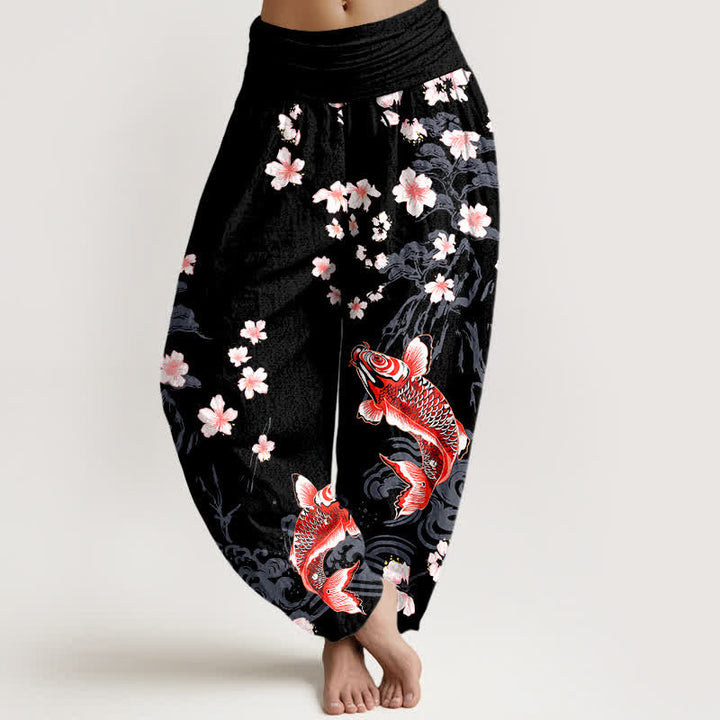 Buddha Stones Pantalon harem à taille élastique pour femme, motif carpe koï et sakura en coton - Noir - US16，UK/AU20，EU48 (3XL) - image 5