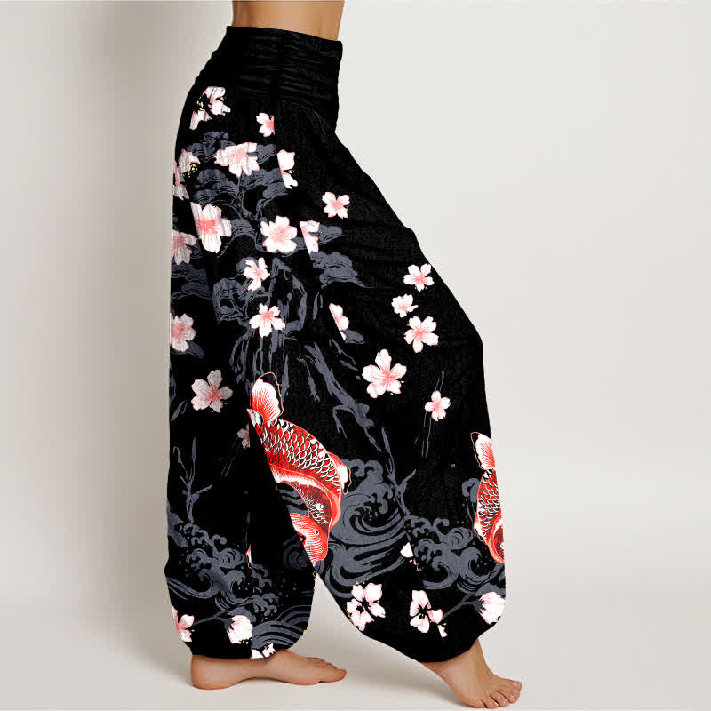 Buddha Stones Pantalon harem à taille élastique pour femme, motif carpe koï et sakura en coton - image 6