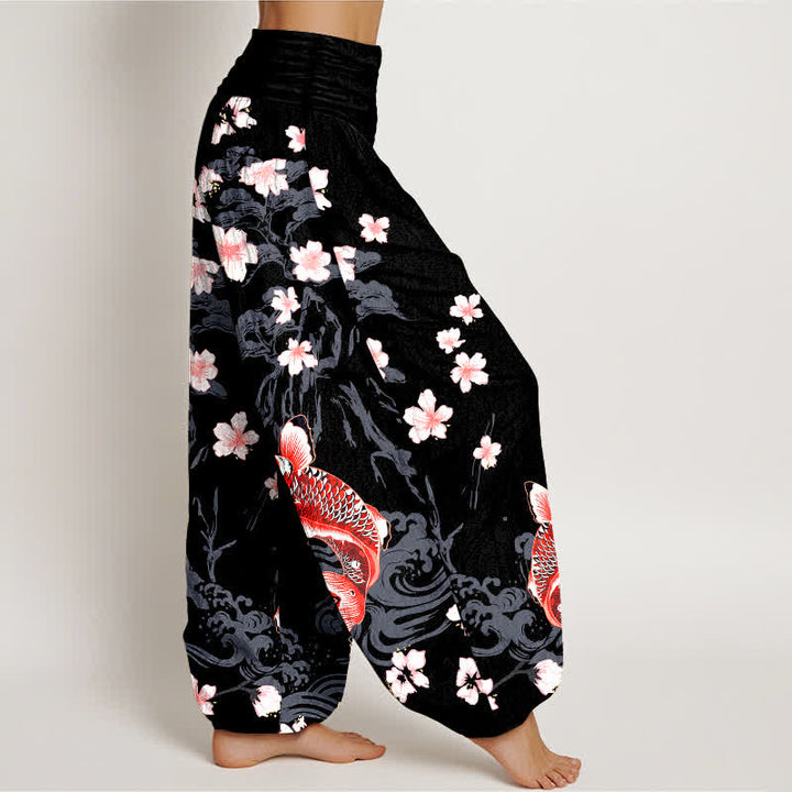 Buddha Stones Pantalon harem à taille élastique pour femme, motif carpe koï et sakura en coton - image 6