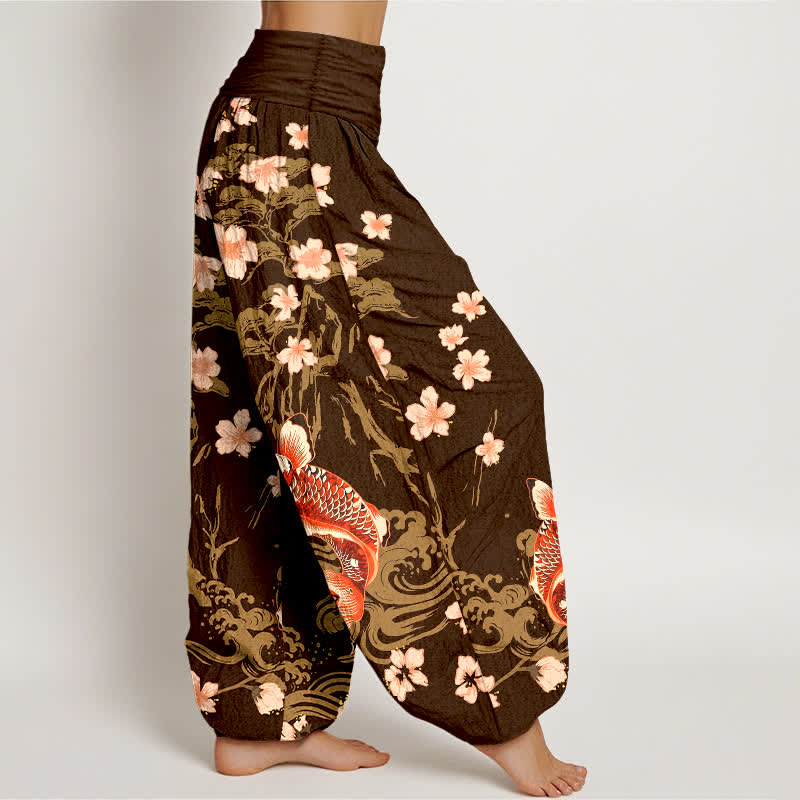 Buddha Stones Pantalon harem à taille élastique pour femme, motif carpe koï et sakura en coton - image 9