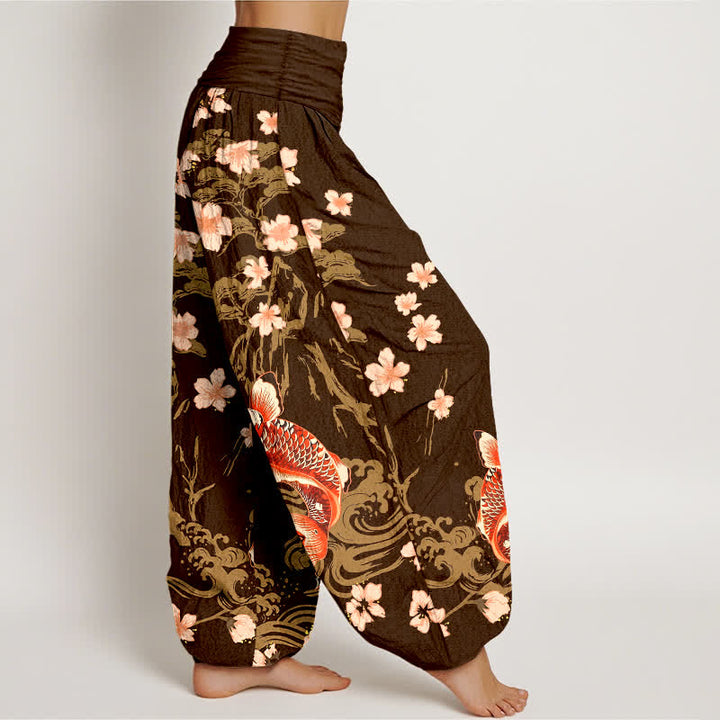 Buddha Stones Pantalon harem à taille élastique pour femme, motif carpe koï et sakura en coton - image 9