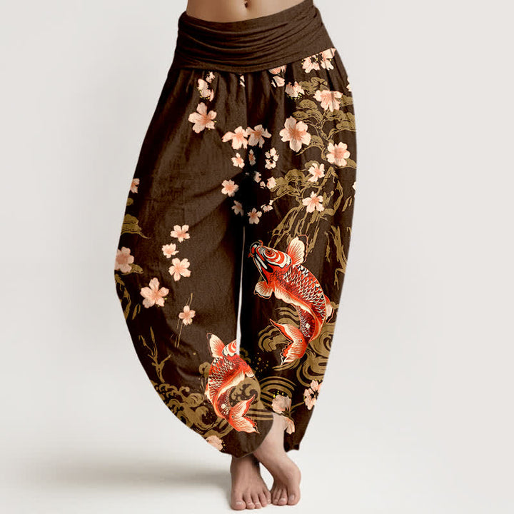Buddha Stones Pantalon harem à taille élastique pour femme, motif carpe koï et sakura en coton - SaddleBrown - US16，UK/AU20，EU48 (3XL) - image 8