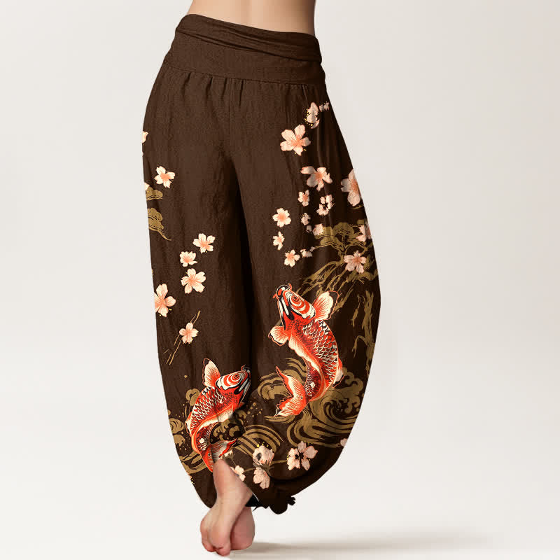 Buddha Stones Pantalon harem à taille élastique pour femme, motif carpe koï et sakura en coton - image 10