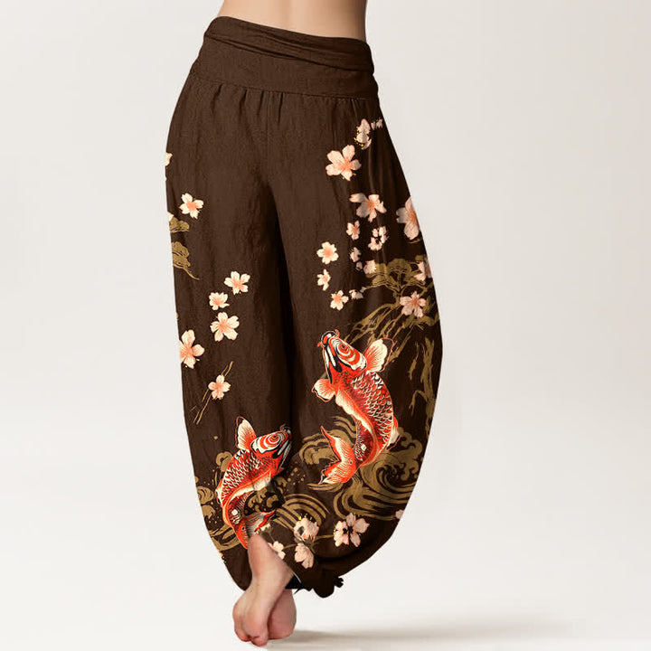 Buddha Stones Pantalon harem à taille élastique pour femme, motif carpe koï et sakura en coton - image 10