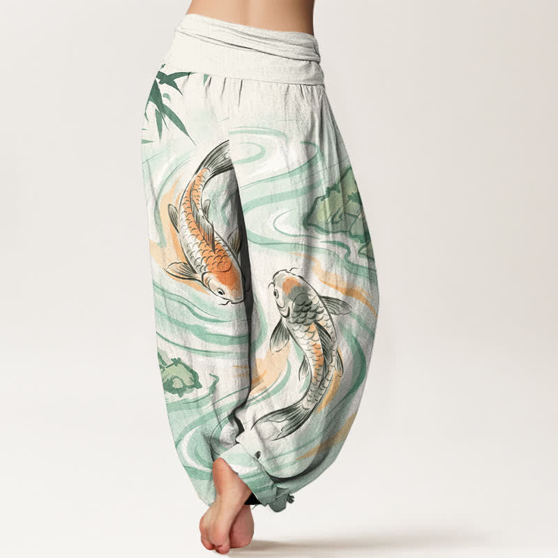 Buddha Stones Pantalon harem à taille élastique pour femme, motif vagues et carpes koï en coton - image 1