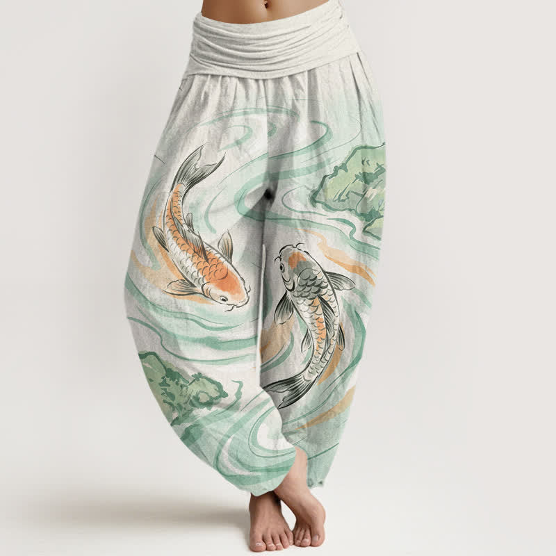 Buddha Stones Pantalon harem à taille élastique pour femme, motif vagues et carpes koï en coton - Melon miellat - US16，UK/AU20，EU48 (3XL) - image 0