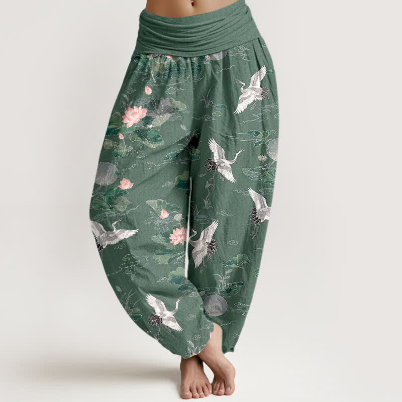 Buddha Stones Pantalon harem en coton élégant à motif grue et lotus, taille élastique, pour femme - Vert mer moyen - US16，UK/AU20，EU48 (3XL) - image 0