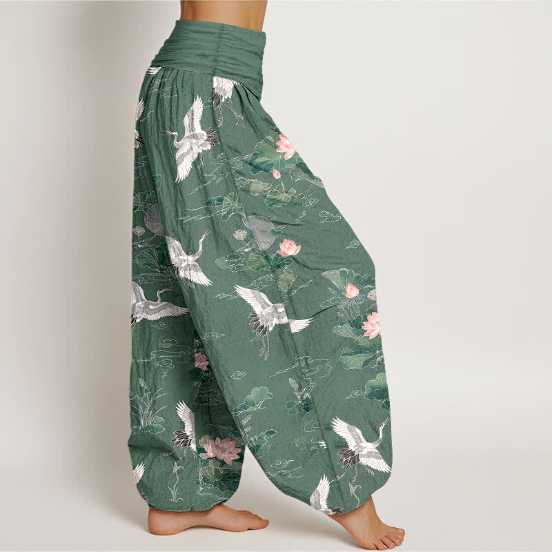 Buddha Stones Pantalon harem en coton élégant à motif grue et lotus, taille élastique, pour femme - image 1