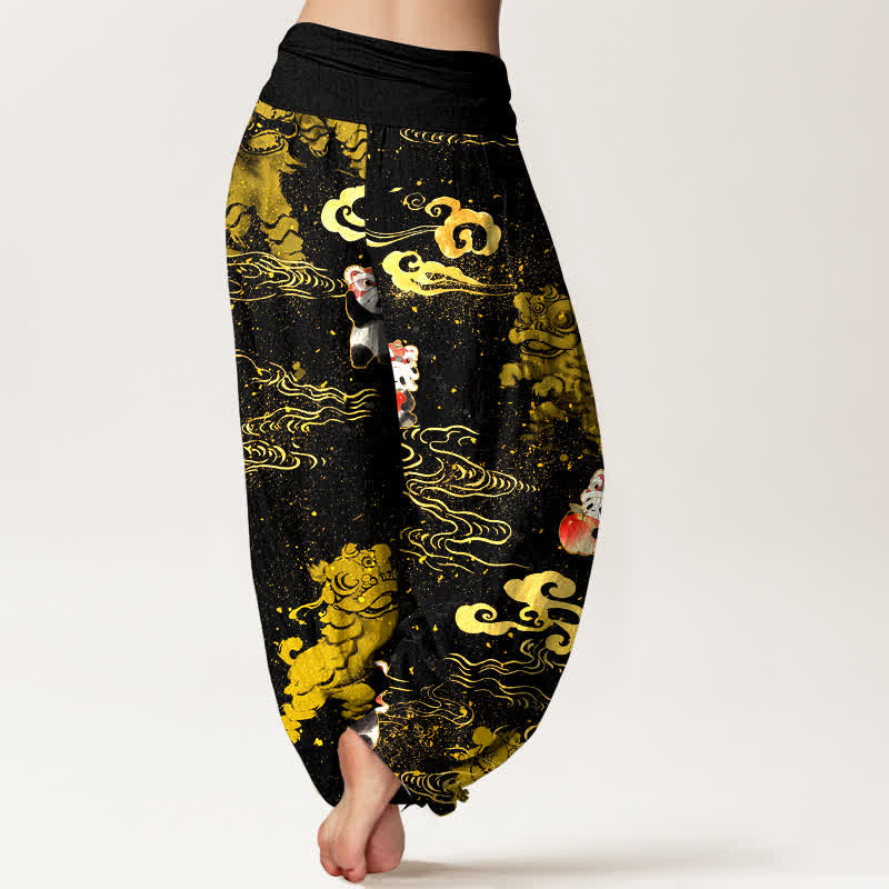Buddha Stones Pantalon harem à taille élastique pour femme, en coton, motif nuage et bête porte-bonheur - image 1