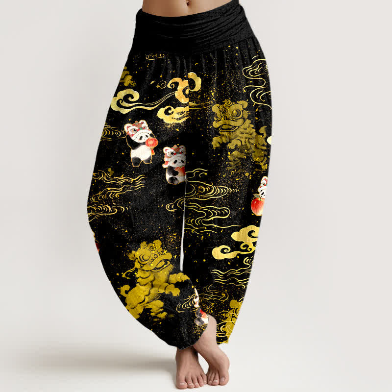 Buddha Stones Pantalon harem à taille élastique pour femme, en coton, motif nuage et bête porte-bonheur - Noir - US16，UK/AU20，EU48 (3XL) - image 0
