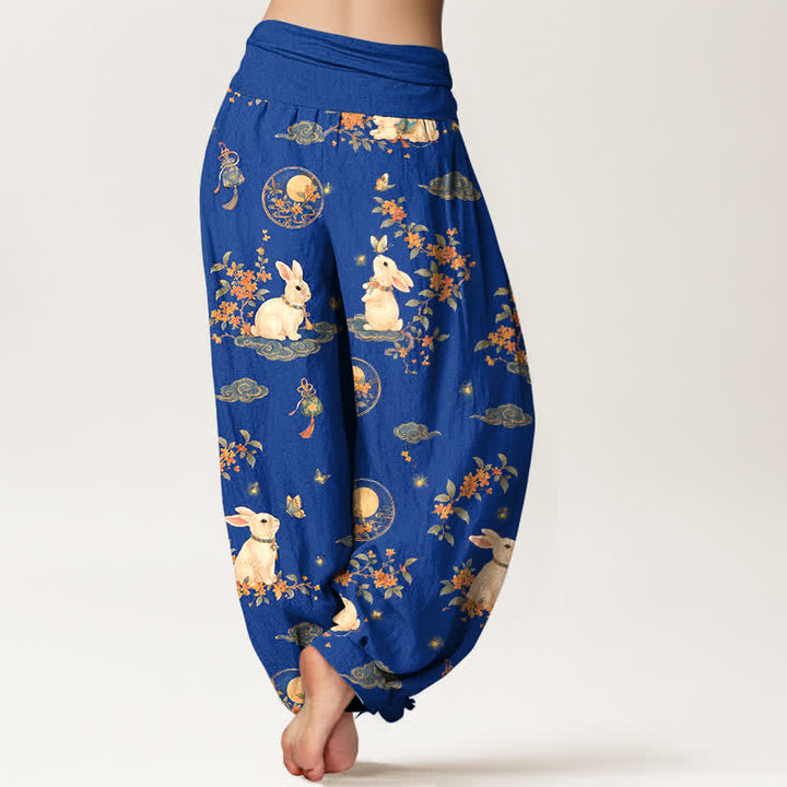 Buddha Stones Pantalon harem à taille élastique pour femme, motif floral Cotton Moon Rabbit - image 2