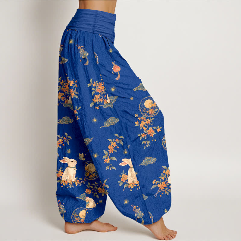 Buddha Stones Pantalon harem à taille élastique pour femme, motif floral Cotton Moon Rabbit - image 1