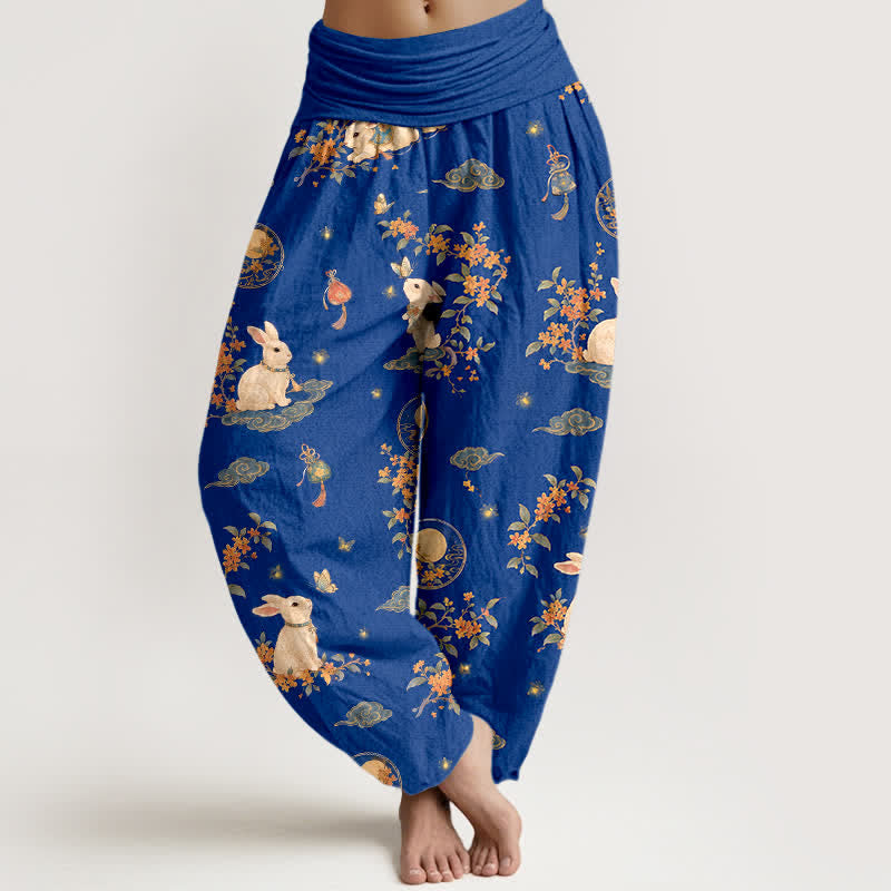 Buddha Stones Pantalon harem à taille élastique pour femme, motif floral Cotton Moon Rabbit - Jaune clair - US16，UK/AU20，EU48 (3XL) - image 0