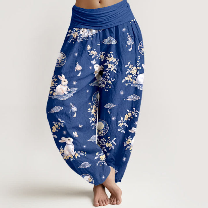 Buddha Stones Pantalon harem à taille élastique pour femme, motif floral Cotton Moon Rabbit - Blanc - US16，UK/AU20，EU48 (3XL) - image 5
