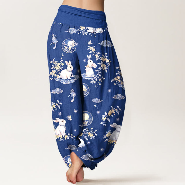 Buddha Stones Pantalon harem à taille élastique pour femme, motif floral Cotton Moon Rabbit - image 7
