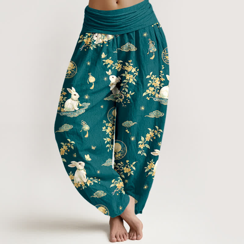 Buddha Stones Pantalon harem à taille élastique pour femme, motif floral Cotton Moon Rabbit - Sarcelle - US16，UK/AU20，EU48 (3XL) - image 8