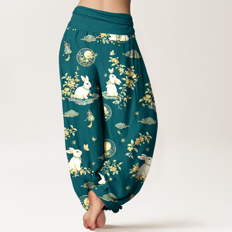 Buddha Stones Pantalon harem à taille élastique pour femme, motif floral Cotton Moon Rabbit - image 10