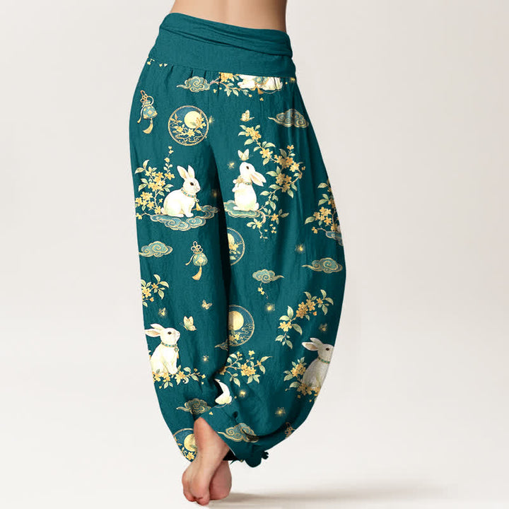 Buddha Stones Pantalon harem à taille élastique pour femme, motif floral Cotton Moon Rabbit - image 10