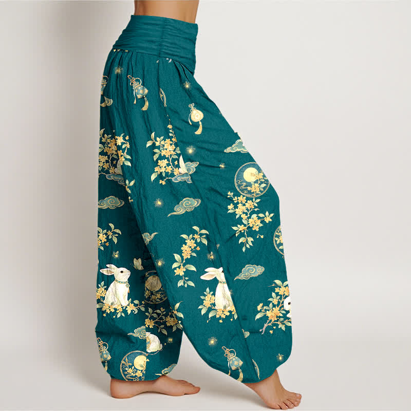 Buddha Stones Pantalon harem à taille élastique pour femme, motif floral Cotton Moon Rabbit - image 9