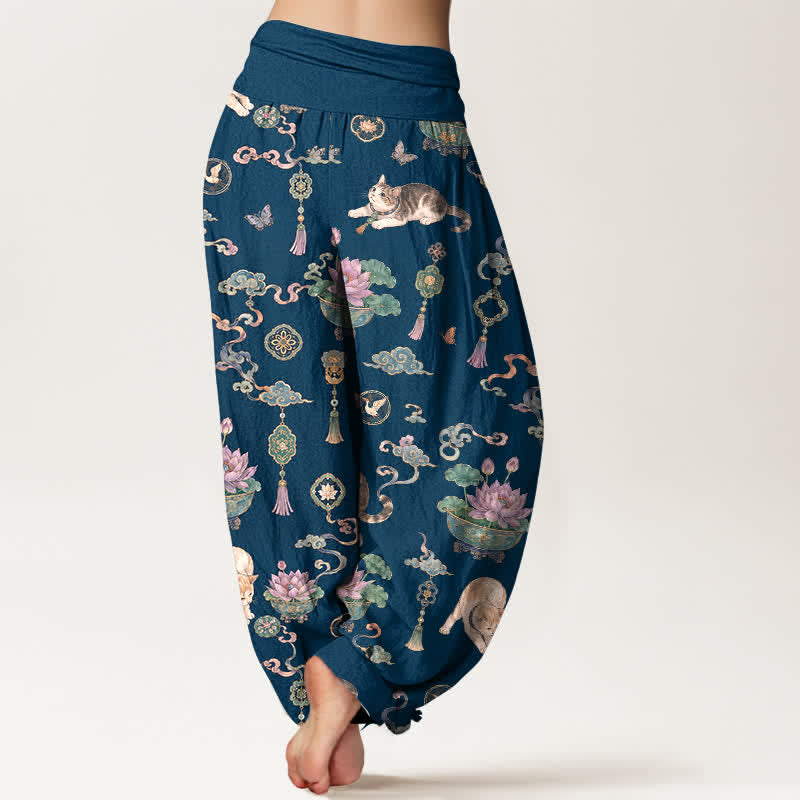Buddha Stones Pantalon harem à taille élastique pour femme, motif chat lotus en coton et pompons - image 2